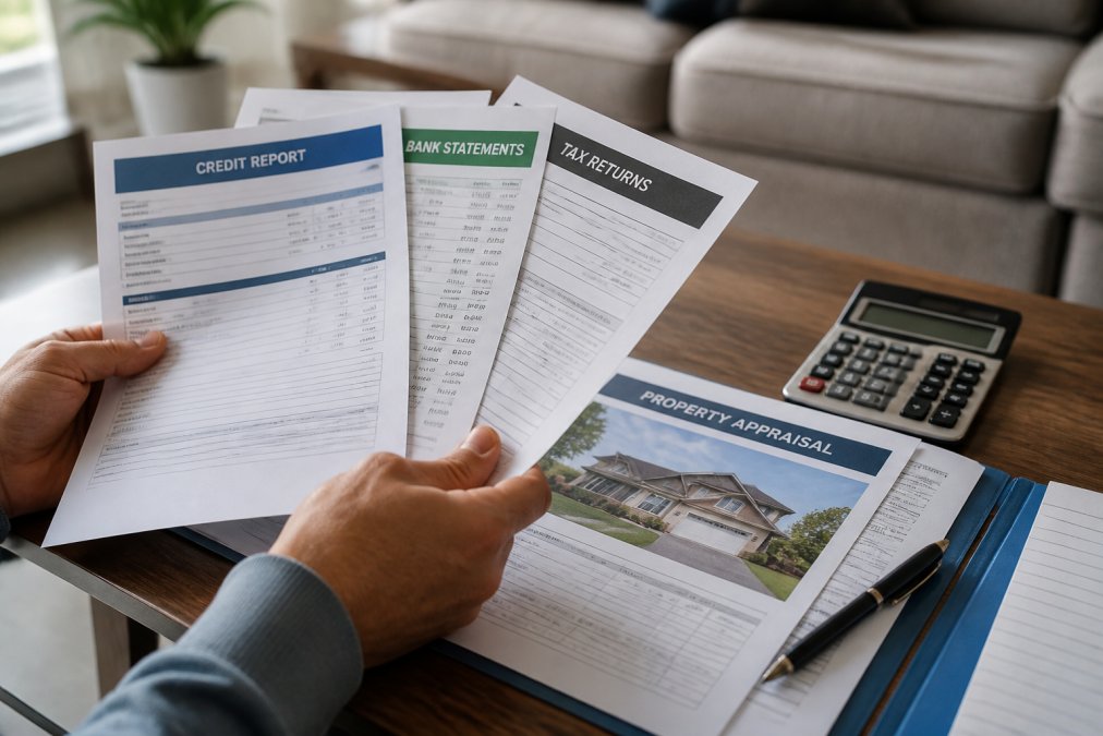 Hands holding credit reports, bank statements, and tax returns spread across table with calculator, pen, and property appraisal documents