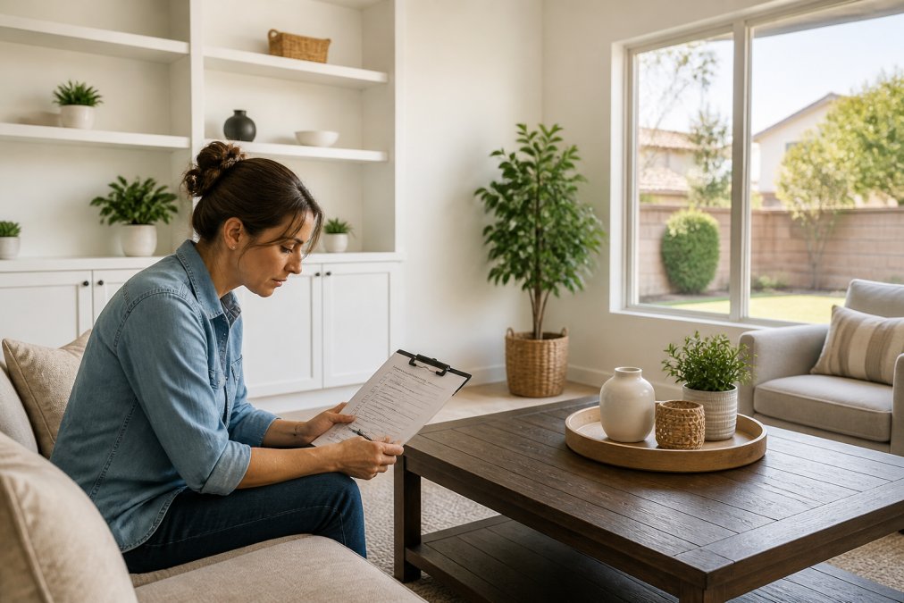 Homeowner reviewing a pre-sale inspection checklist in their living room, with fresh neutral paint on walls, decluttered shelves displaying minimal decorative items, and natural light streaming through clean windows overlooking the backyard