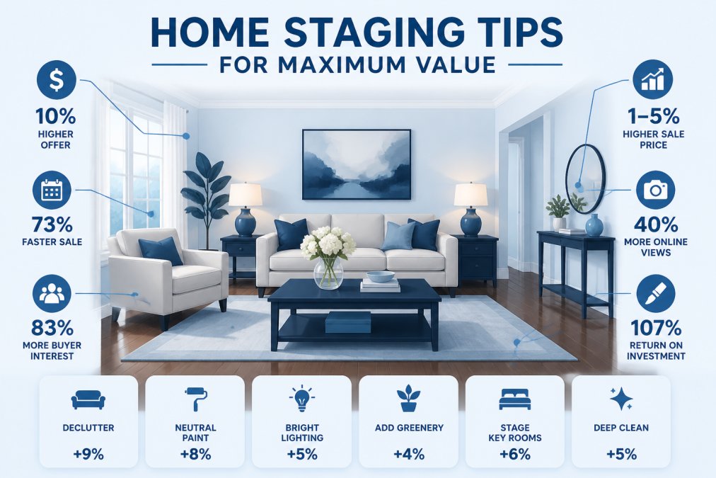 Professionally staged living room interior with neutral-toned furniture arrangement, soft warm lighting from table lamps, fresh white flowers in a simple vase on the coffee table, and clean hardwood floors visible throughout