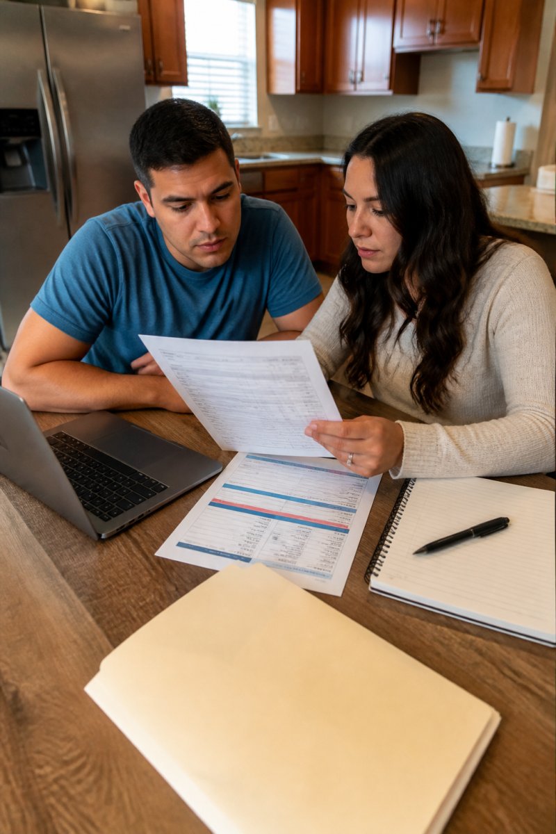 Couple analyzing a mortgage calculator and data charts for real estate market trends Hobbs at a kitchen table.