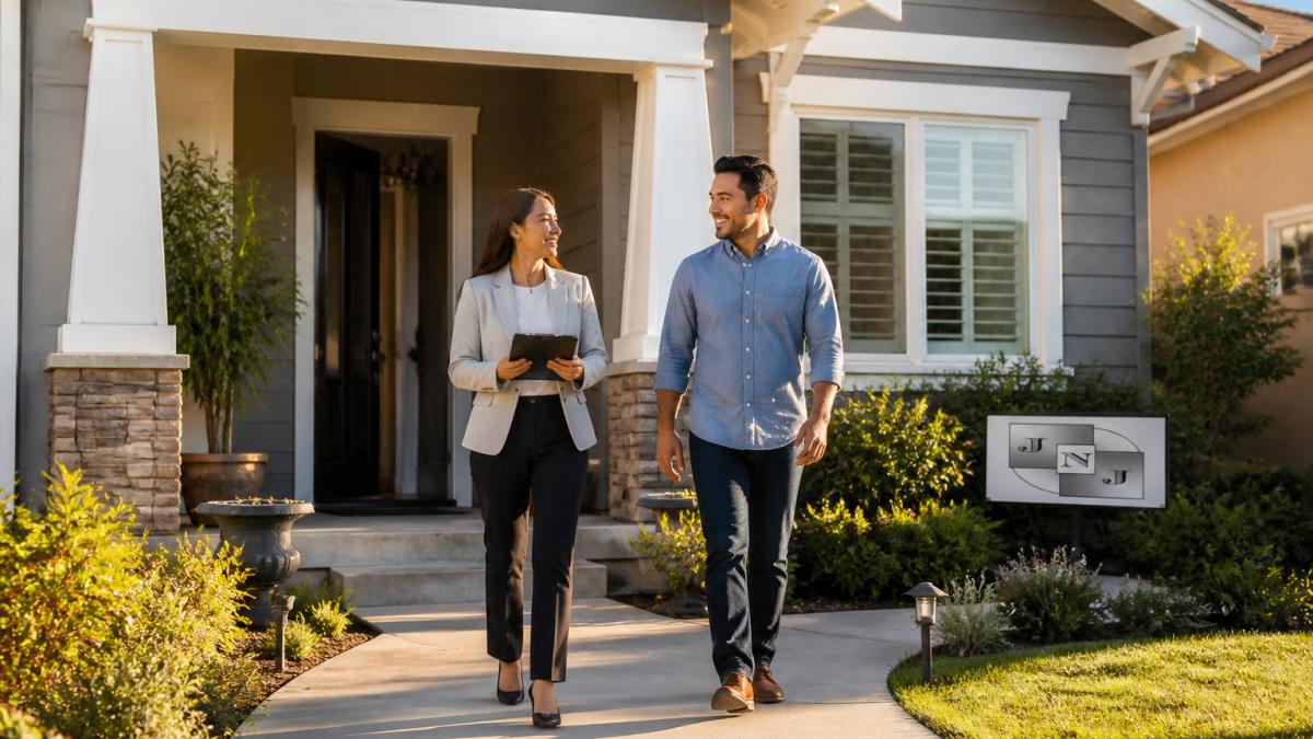 Real estate professional and homeowner walking through front entrance of well-maintained single-family home with fresh landscaping, welcoming porch, and clean curb appeal in afternoon sunlight