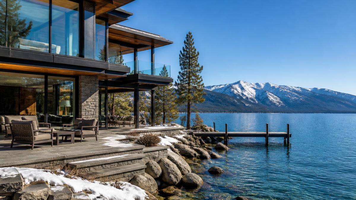 A luxury lakefront home in Incline Village with floor-to-ceiling windows, snow-capped mountains in the background, and a clear blue sky