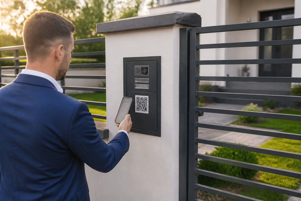 Real estate agent scanning a QR code on a smartphone outside a residential property entrance, morning sunlight, professional attire