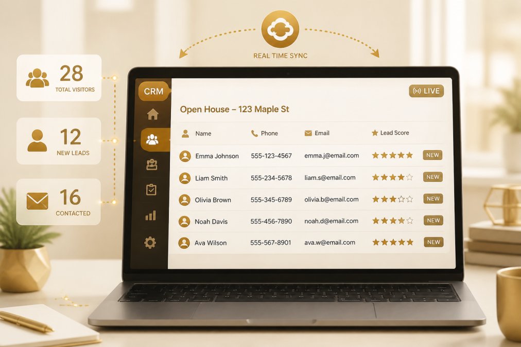 Close-up of a laptop screen showing a CRM dashboard with visitor contact information and lead details populated in real time, modern office setting, soft lighting