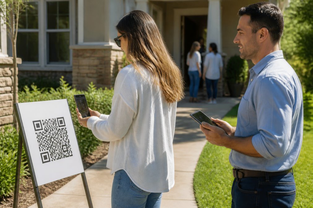Real estate agent holding iPad at open house entrance with visitors scanning QR code on sign outside property, natural daylight, professional setting