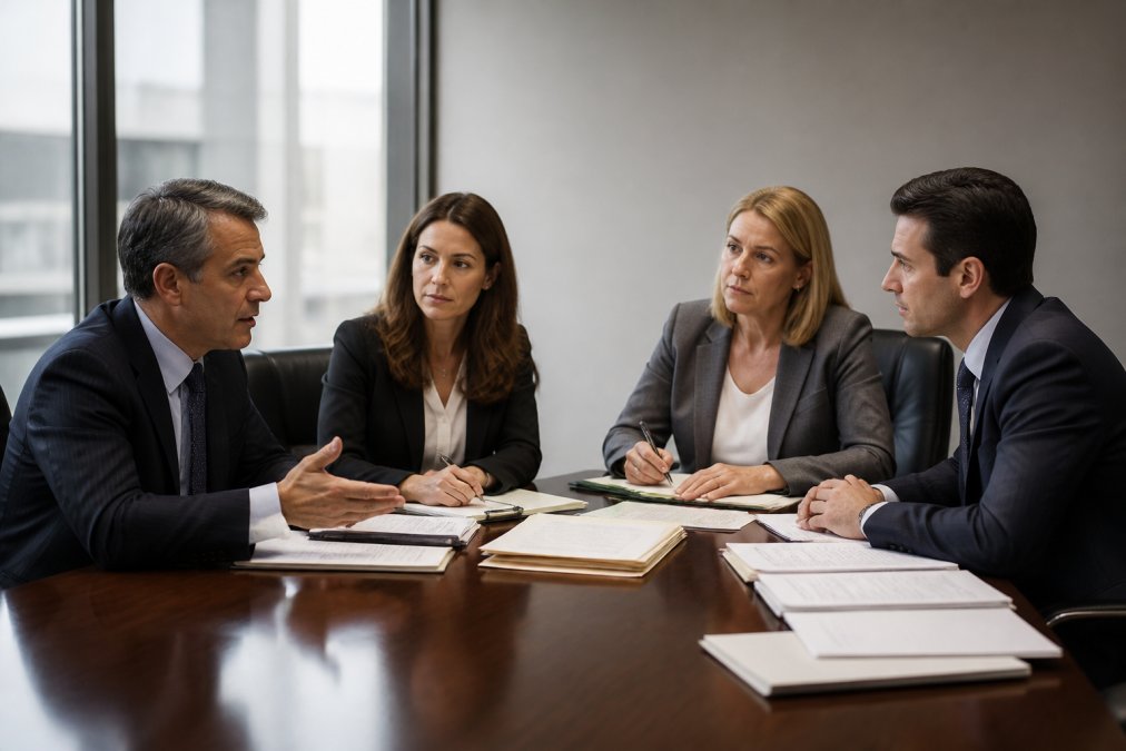 Two business partners and their attorneys seated at a conference table during a formal mediation session, documents and notepads spread out in front of them, neutral conference room lighting