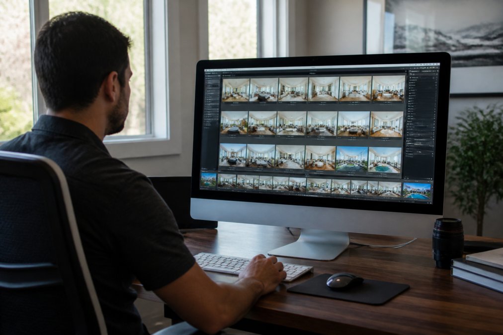 Professional photographer reviewing edited real estate photos on a desktop monitor displaying a full gallery in editing software, with multiple image thumbnails visible on screen in a modern office with natural window lighting