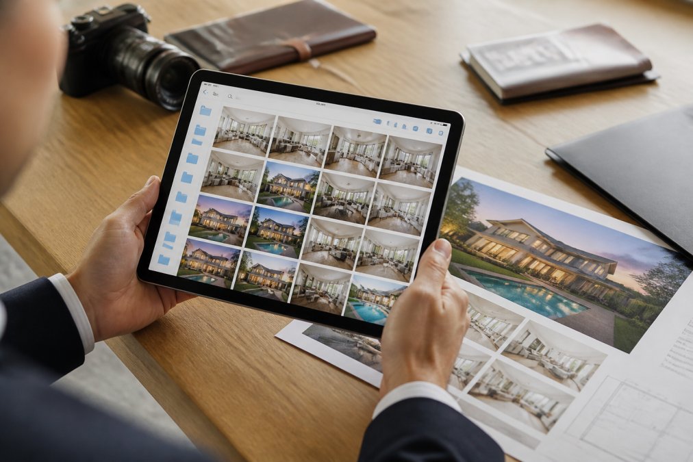 Close-up of a real estate agent's hands holding a tablet displaying a full gallery of professional listing photos with cloud storage interface visible, sitting at a desk with property listing materials