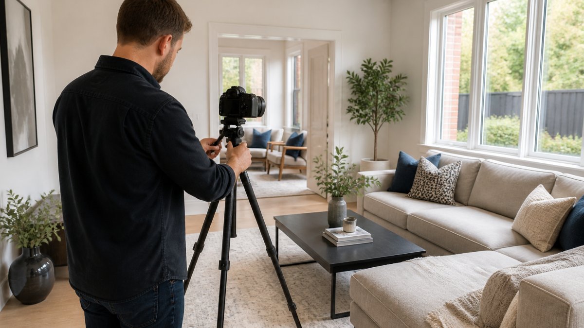 Photographer setting up a camera and tripod in a bright living room for a real estate photography checklist.