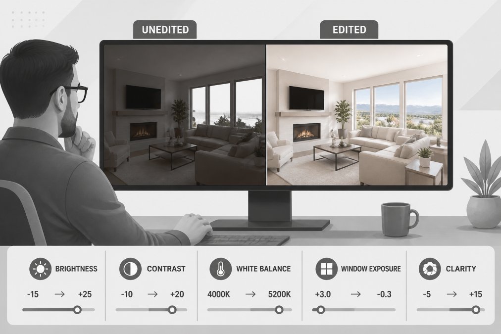 Professional photographer reviewing unedited and edited real estate photos side-by-side on a computer monitor, showing dramatic differences in color balance, window exposure, and overall brightness in an interior room shot