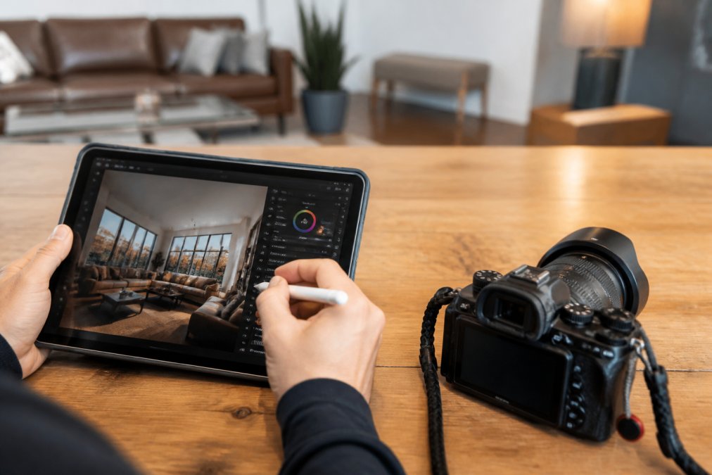 Photographer's hands working on a tablet with a stylus, performing detailed retouching on a luxury property interior image with masking tools visible on screen