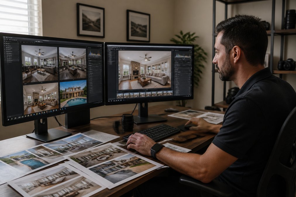 Professional photographer at a desk with multiple monitors displaying real estate photos in various stages of editing and color correction, with property listing sheets visible nearby and editing software open on the screens
