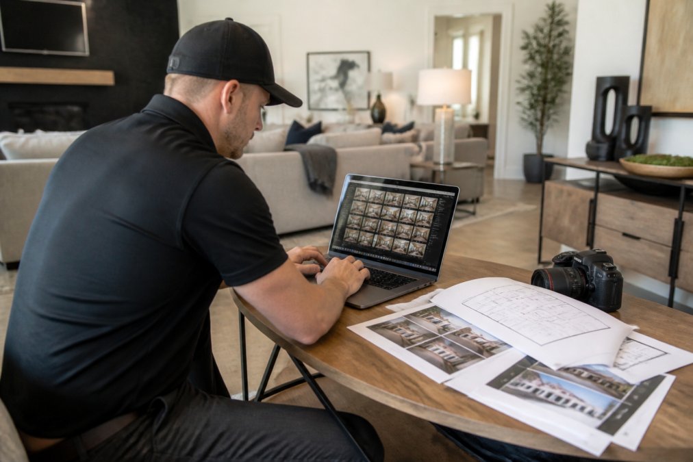 Real estate photographer reviewing and culling photos on a laptop at a property during a shoot day, with property listing sheets, floor plans, and property details visible on a nearby table