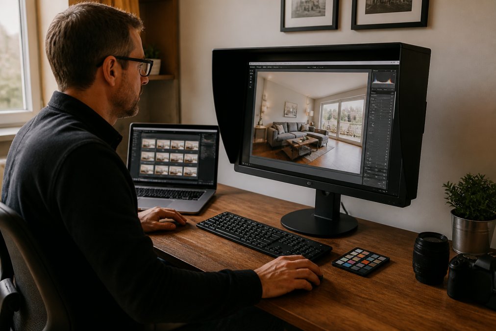 A professional property photographer editing listing photos on a calibrated monitor in a tidy home office, with a laptop and colour reference card visible on the desk
