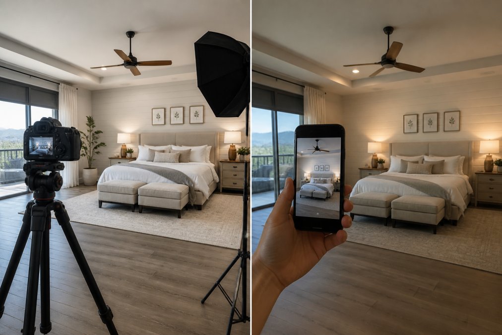 Split-screen showing the same master bedroom photographed with professional DSLR camera with tripod and lighting equipment on the left side, and the same room photographed with a smartphone on the right side, clearly showing differences in color accuracy, depth of field, and interior lighting capture