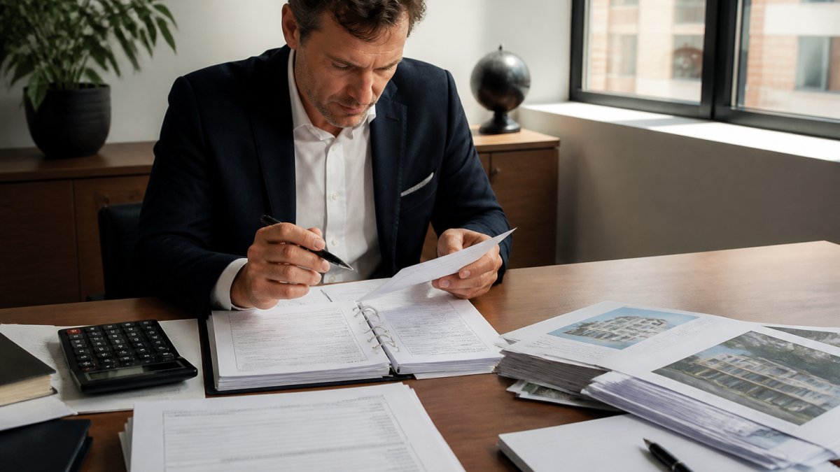 Real estate professional reviewing investment documents, tax forms, and property portfolio materials at a desk with a calculator and syndication offering documents in modern office setting with natural lighting