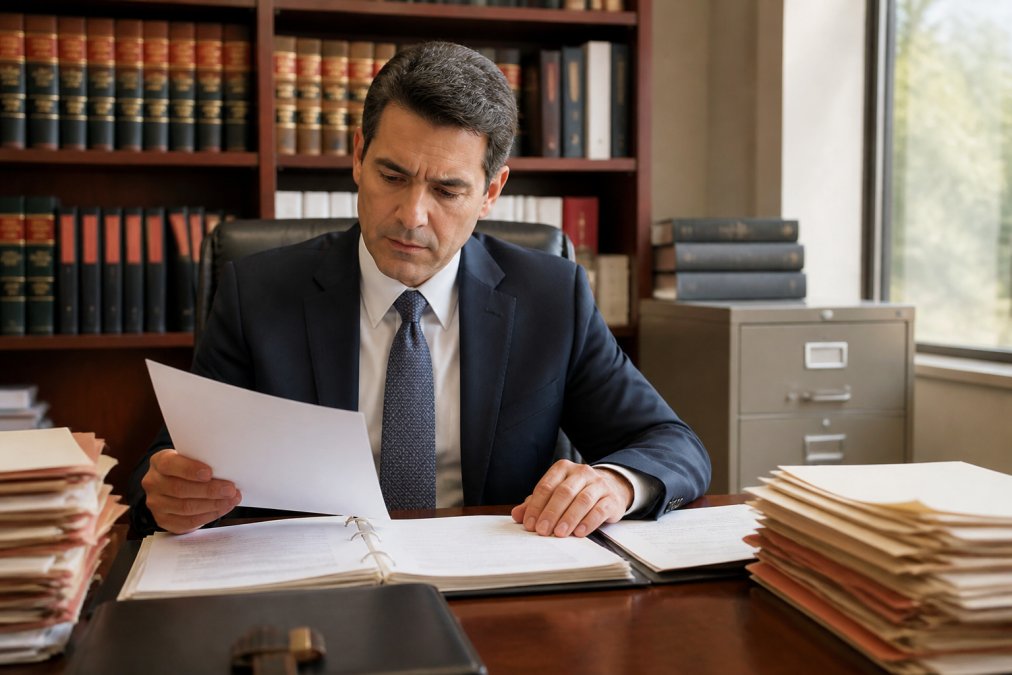 Tax attorney in professional business attire reviewing legal documents and tax files at a desk in a law office with organized file cabinets and natural lighting