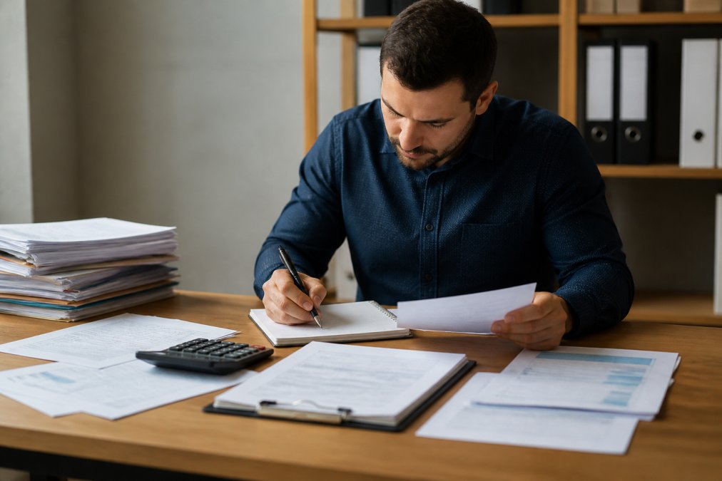 Real estate investor reviewing property documents and financial statements while making notes on a notepad at a desk with organized files and calculator