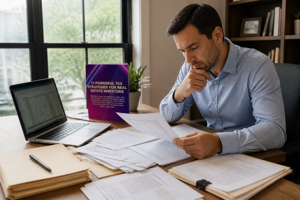 Real estate investor seated at desk with organized property files, spreadsheets, and documents spread out, laptop open showing financial records, natural window lighting illuminating the workspace