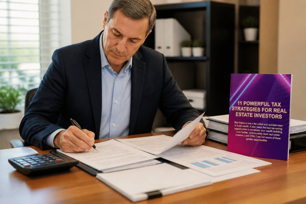 Professional tax advisor reviewing financial documents and tax strategy implementation plan at desk in modern office, with calculator and organized files visible, focused expression while making notes