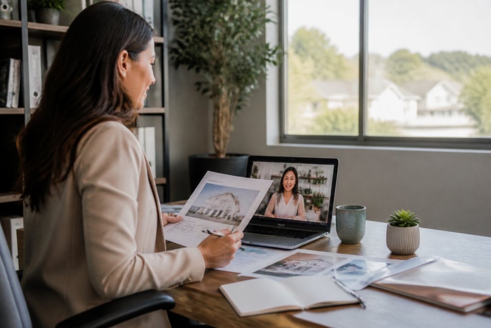 Real estate agent at desk reviewing property documents and communicating with remote team member via video call on laptop screen, natural office lighting, morning hours