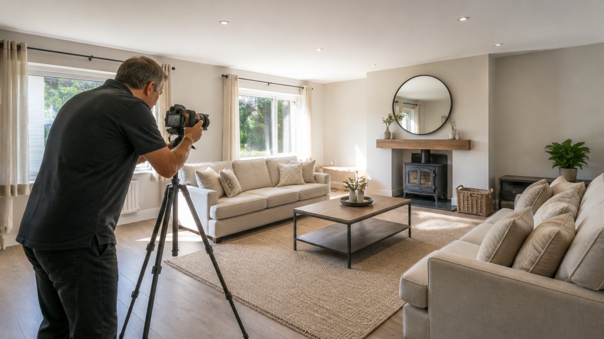 Professional photographer setting up a wide-angle shot in a bright residential living room, capturing full room dimensions with neutral staging and balanced natural light from large windows