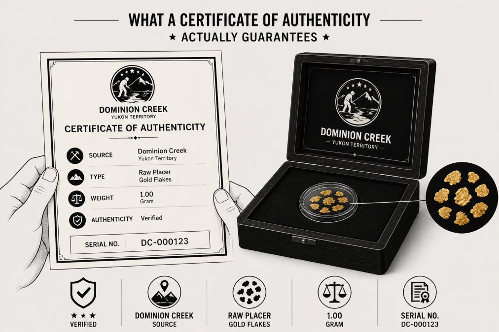 Hands holding an official Certificate of Authenticity document next to an open handcrafted display case containing raw placer gold flakes, showing verification details and serial number under warm office lighting