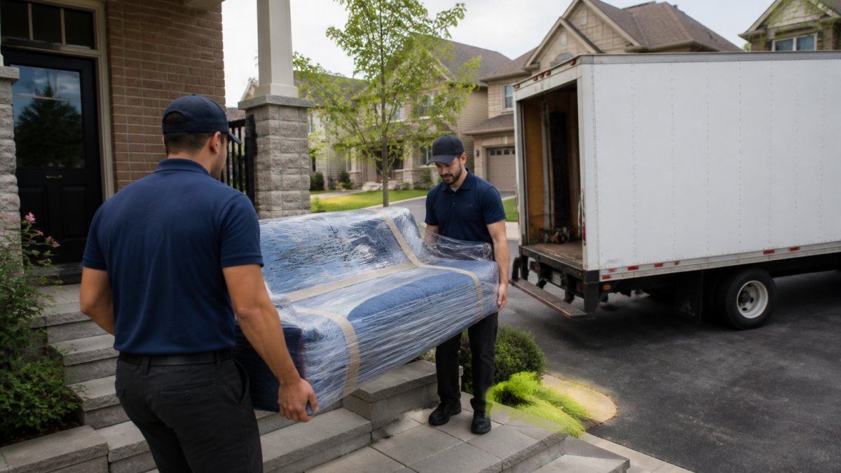 Moving crew in uniforms carrying a sofa from a townhouse to a GTA movers truck