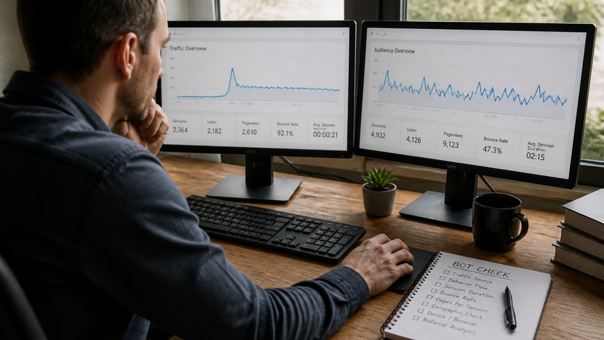Marketer comparing bot-generated spikes to engaged human traffic on analytics dashboards
