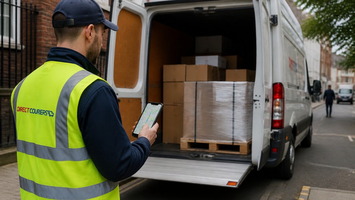 A courier in a high-visibility vest checking a smartphone with a live map showing a delivery route, standing beside a Luton van with its rear doors open in an urban street