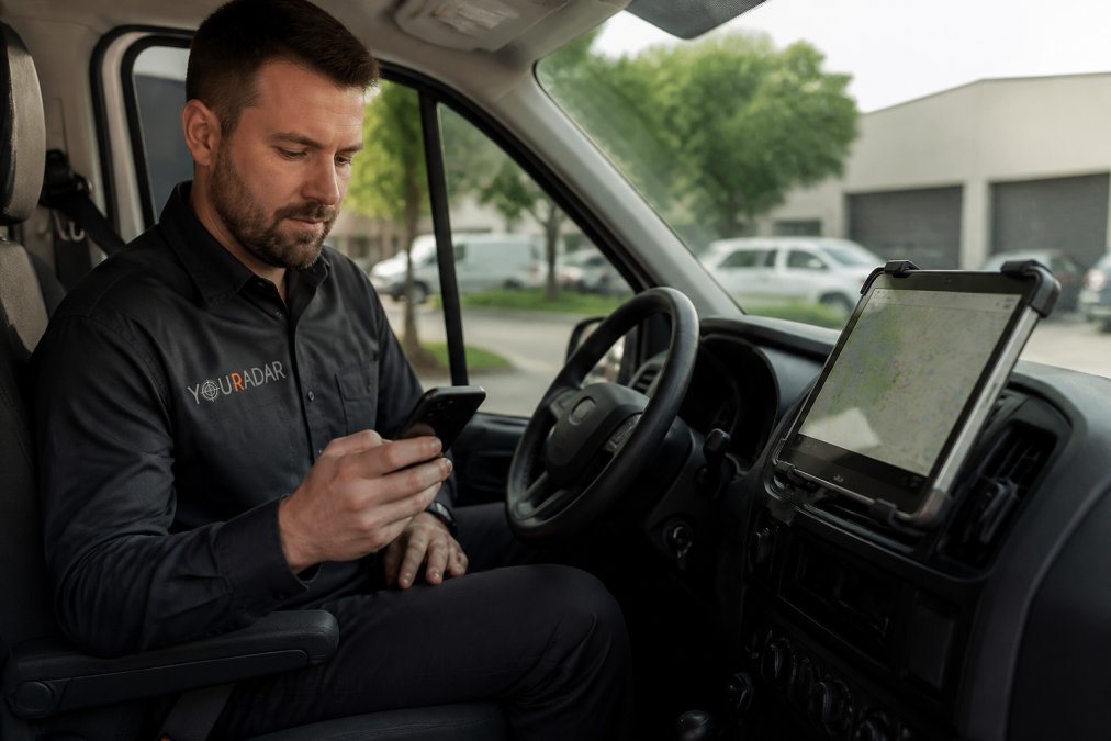 A field technician in a branded work shirt sitting in the cab of a service van, holding a phone and reviewing job details, with a tablet mounted on the dashboard displaying a map of nearby job sites, natural daylight through the windshield