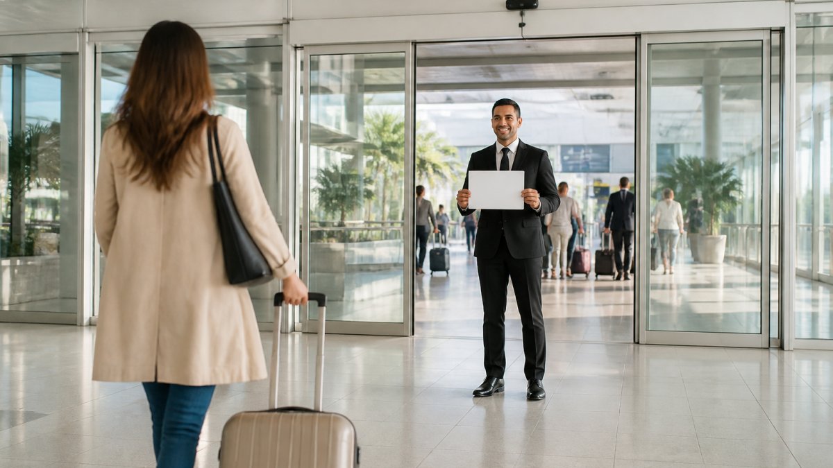 Chauffeur holding a name board for flight tracking as a traveler arrives at the airport terminal.