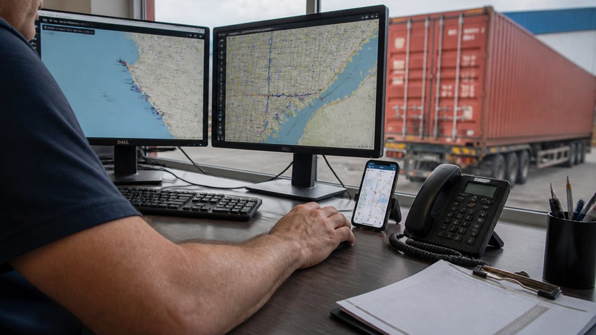 Freight tracking software dashboard showing real-time vessel and truck positions on a global shipping map