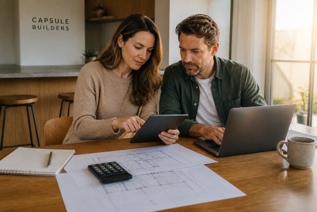 A couple reviewing a home building budget on a laptop and tablet at a kitchen table, with house plans, a calculator and a coffee mug nearby, warm afternoon light through a window