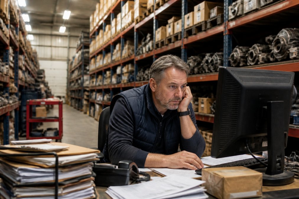 A warehouse manager staring at a spreadsheet on a monitor while surrounded by tall shelves of auto parts, fluorescent lighting, looking concerned