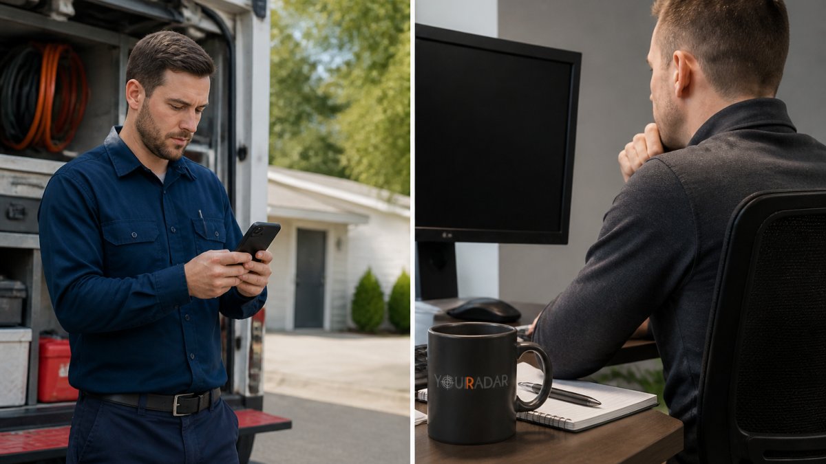 Professional technician checking mobile app on smartphone at job site while dispatcher monitors live map on office computer screen in split view