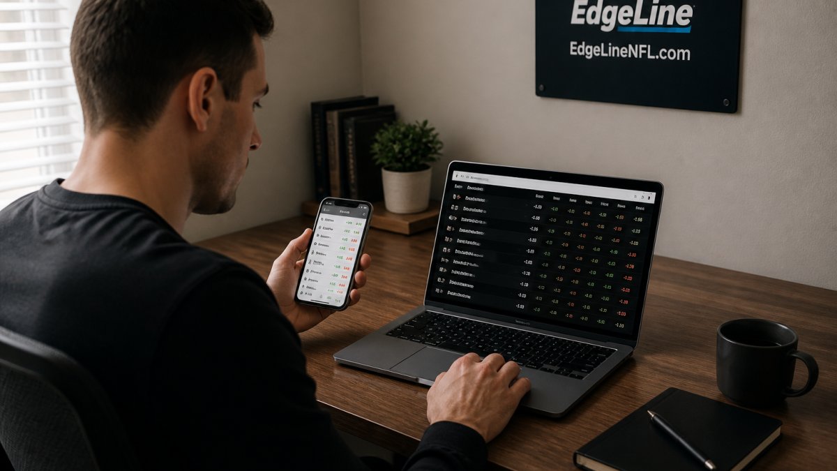 Professional monitoring real-time sports betting odds alerts on smartphone and laptop simultaneously at desk with sports data displayed on screens, natural office lighting