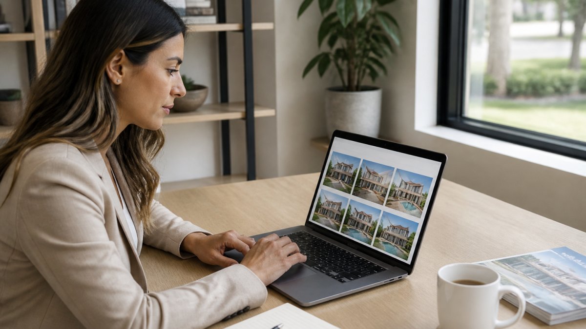 Professional reviewing real-time MLS listings on a laptop at a modern home office desk