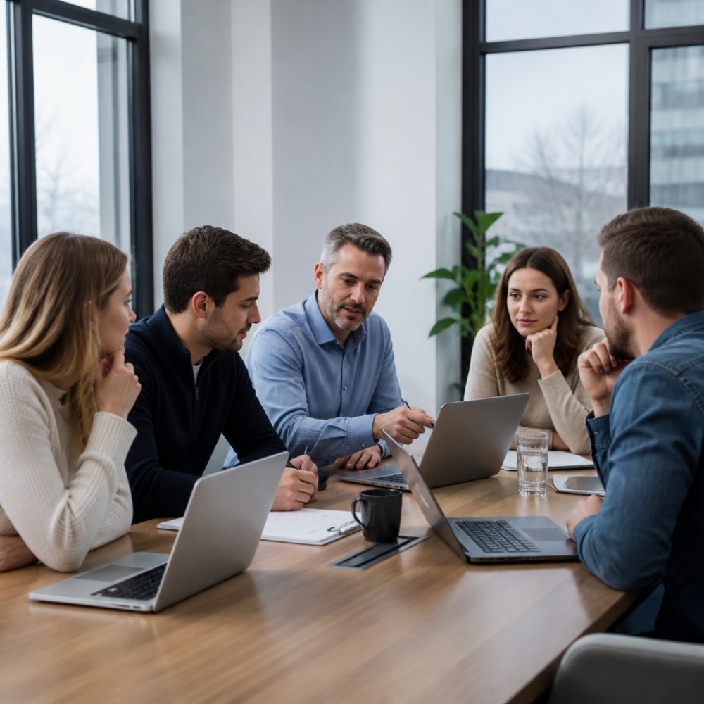 Sales team using real-time sales engagement software to analyze prospect metrics at a conference table.