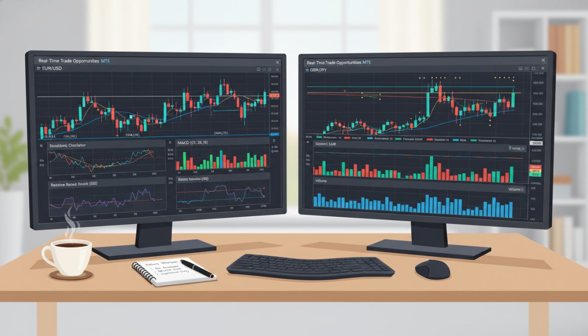 Close-up of a trader's dual-monitor desk setup showing live MetaTrader 5 charts with multiple indicators active, coffee cup and notebook nearby in a home [trading](/how-to-use-mt5-trading-systems/) office