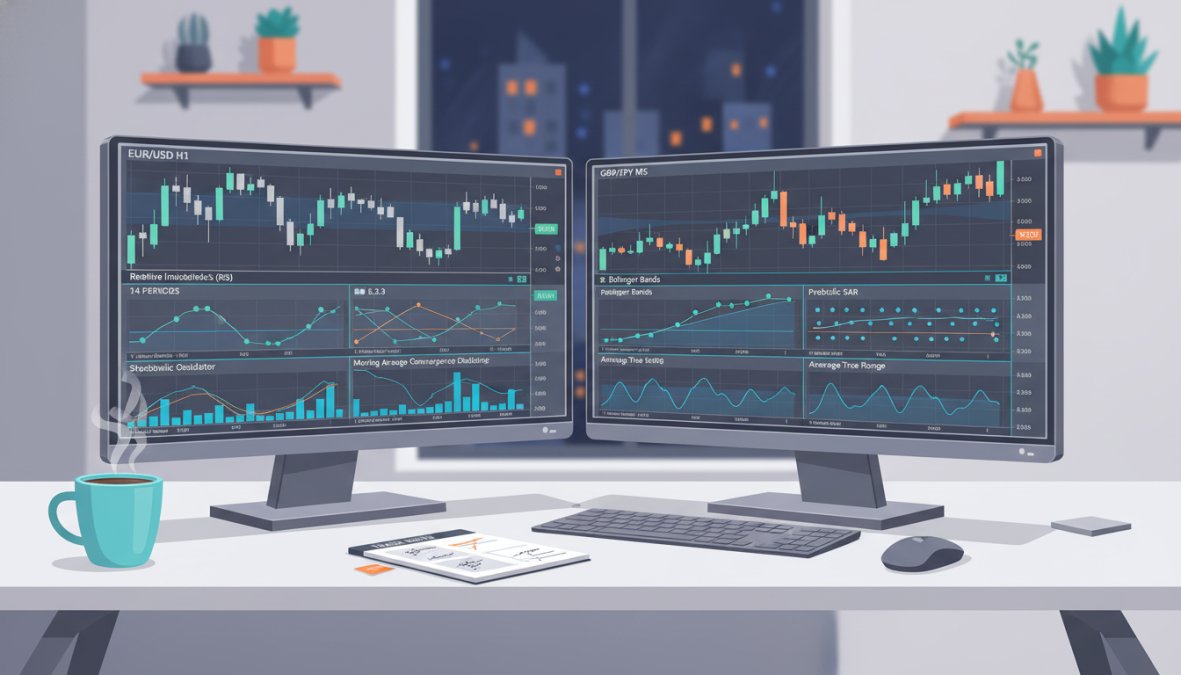 A focused trader sitting at a workstation, eyes fixed on live trading screens, hands poised over keyboard, conveying concentration and calm under pressure in a dimly lit professional trading room