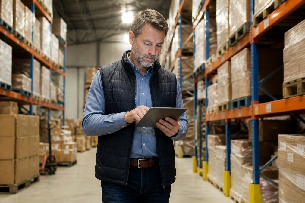Warehouse manager checking real time visibility for multi warehouse inventory on a tablet in a busy facility