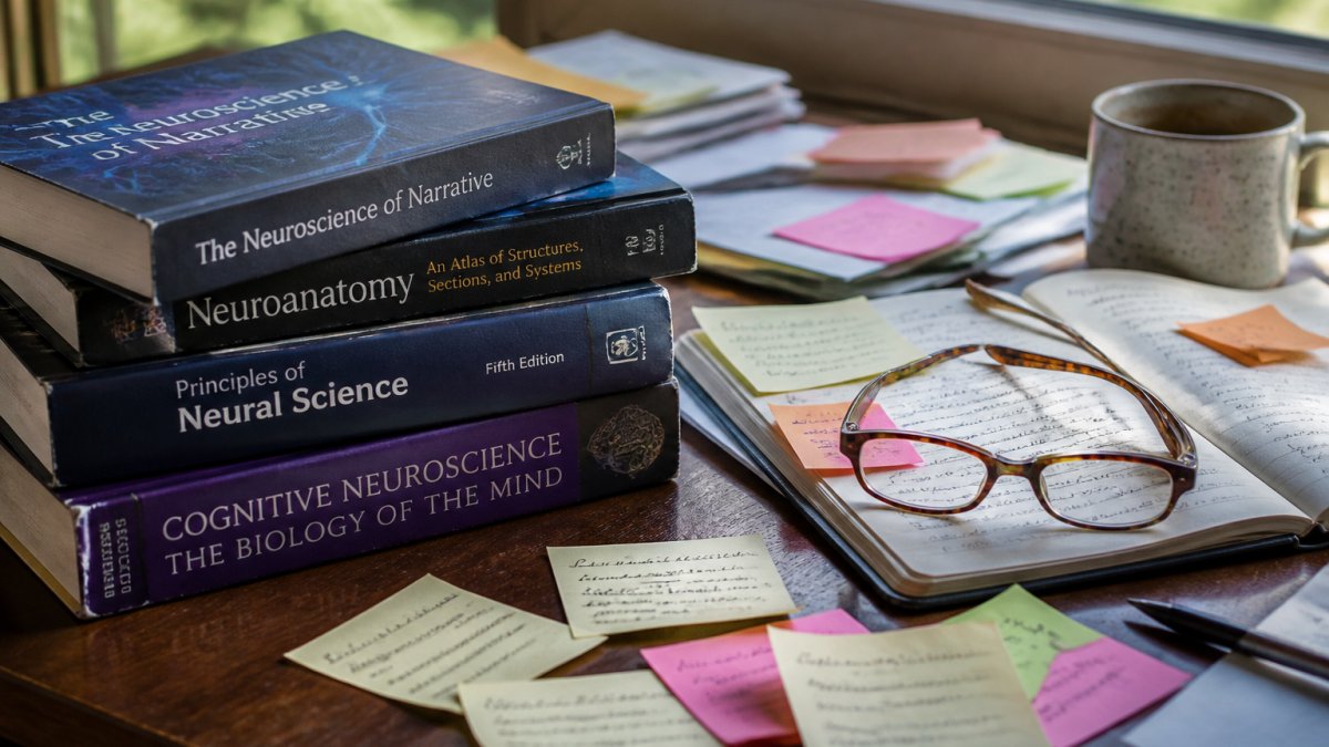 A writer's desk covered with neuroscience textbooks, sticky notes, and a laptop showing a draft manuscript, with a coffee cup and reading glasses nearby in warm natural light