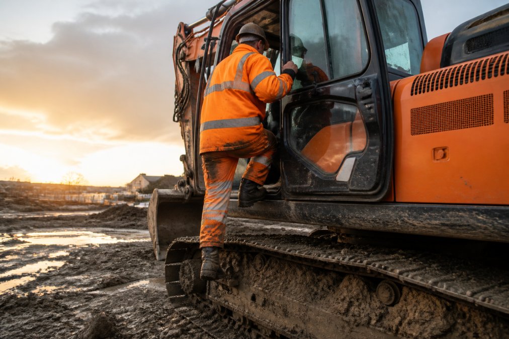 A plant operator in high-visibility clothing and hard hat climbing into the cab of a tracked excavator on a muddy construction site, early morning light, realistic working environment
