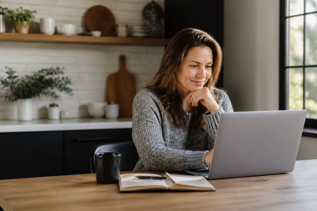 A woman in her 40s working on a laptop at a kitchen table with a notebook and coffee nearby, looking focused and relaxed in a home office setting