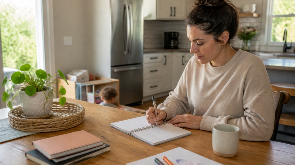 A parent working on a laptop at a kitchen table with a notebook, coffee mug, and a child's drawing nearby, natural morning light