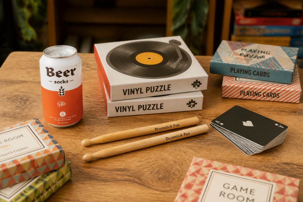 Colourful display of quirky gadgets and novelty games arranged on a wooden table, including vinyl puzzle records, drumstick pens, and card games, with warm natural lighting