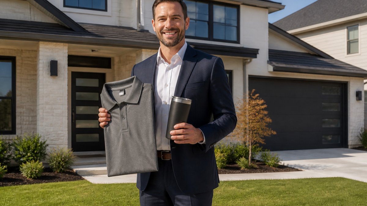 Real estate agent holding a branded polo shirt and drinkware in front of a modern home for an open house event