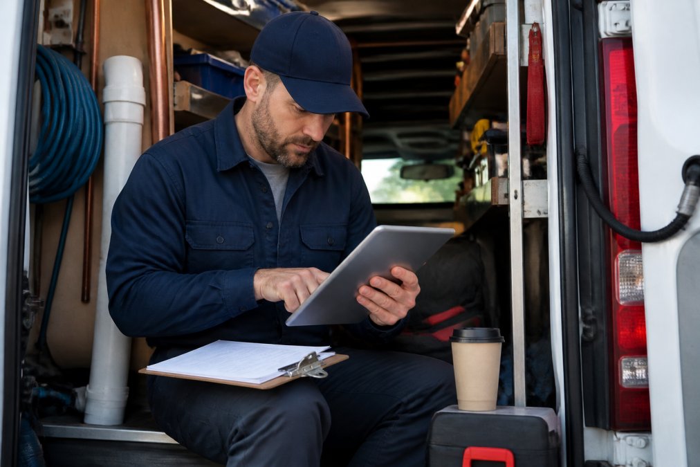 A plumbing contractor in a work van reviewing an AI phone system dashboard on a tablet, with a clipboard and coffee nearby