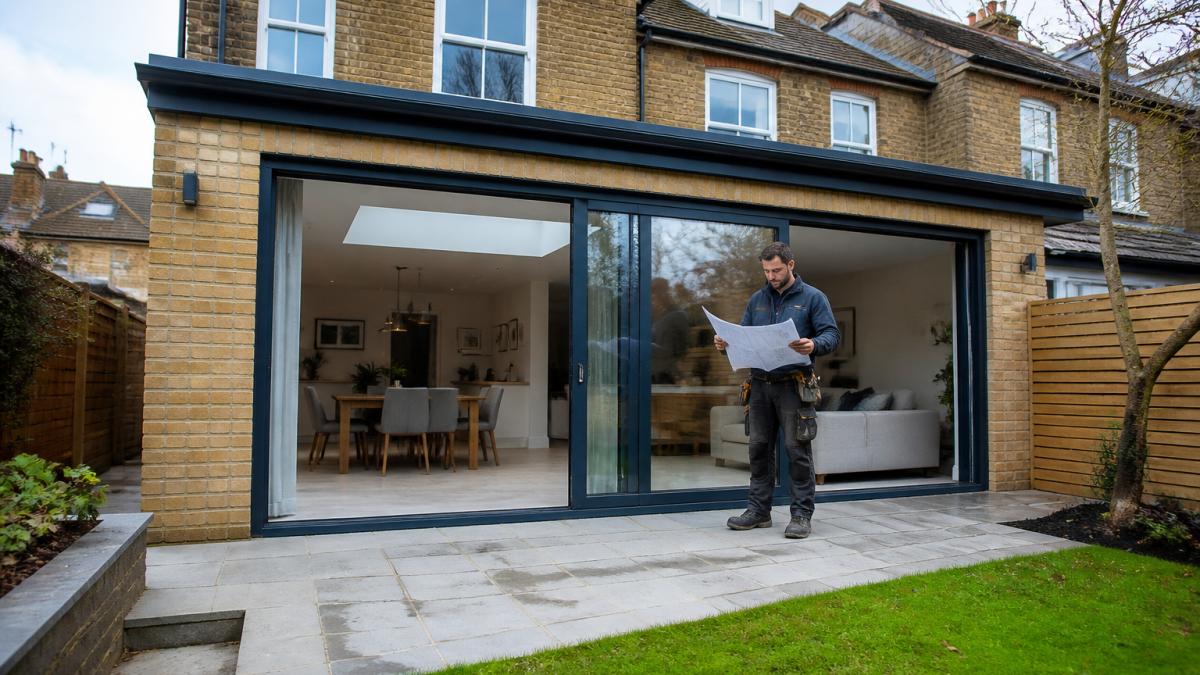 A newly completed single-storey rear extension on a British period home, showing large sliding glass doors opening onto a landscaped garden patio, with a builder in work clothes reviewing plans near the opening